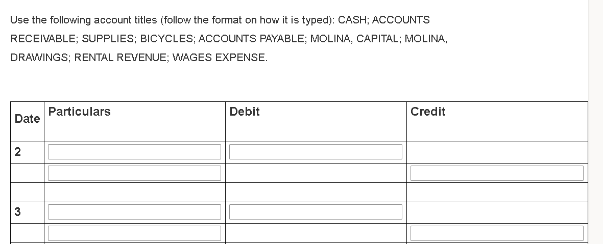 Use the following account titles (follow the format on how it is typed): CASH; ACCOUNTS
RECEIVABLE; SUPPLIES; BICYCLES; ACCOUNTS PAYABLE; MOLINA, CAPITAL; MOLINA,
DRAWINGS; RENTAL REVENUE; WAGES EXPENSE.
Particulars
Debit
Credit
Date
