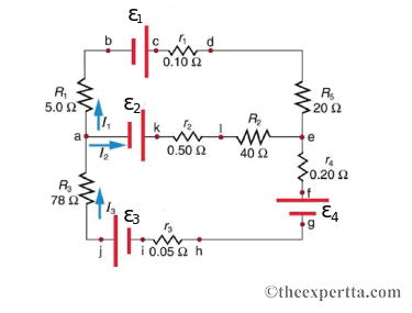 R₁
5.0 £2
a
R₂
78 02
b
12
દ
E₂
E3
0.1002
0.50 £2
1₂
i 0.05 2 h
Ω
R₂
40 Ω
R₂
- 20 Ω
km ]
TA
*0.20 Ω
E4
Otheexpertta.com