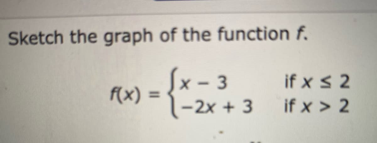 Sketch the graph of the function f.
Sx - 3
f(x) =
1
if x s 2
-2x + 3 if x > 2
%3D
