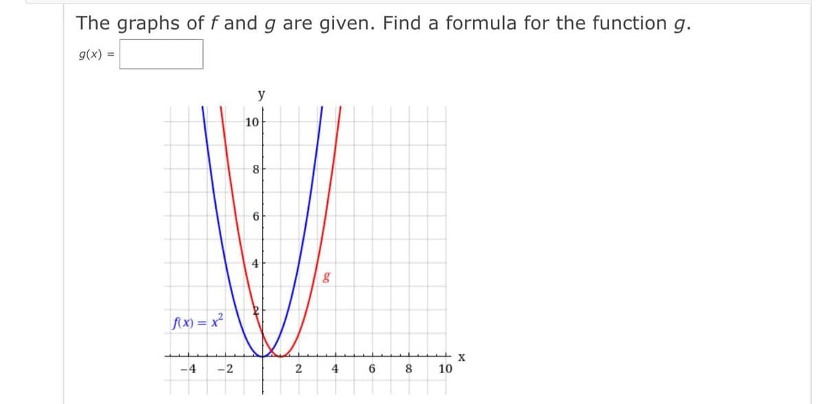 The graphs of f and g are given. Find a formula for the function g.
g(x) =
y
10
8
6
4
fx) = x²
X
-4
-2
4
6.
8.
10
