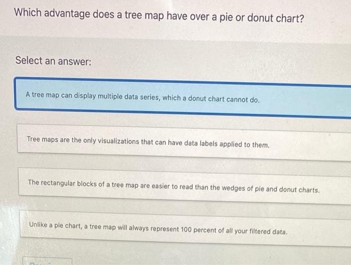 Which advantage does a tree map have over a pie or donut chart?
Select an answer:
A tree map can display multiple data series, which a donut chart cannot do.
Tree maps are the only visualizations that can have data labels applied to them.
The rectangular blocks of a tree map are easier to read than the wedges of pie and donut charts.
Unlike a pie chart, a tree map will always represent 100 percent of all your filtered data.
