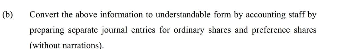 (b)
Convert the above information to understandable form by accounting staff by
preparing separate journal entries for ordinary shares and preference shares
(without narrations).
