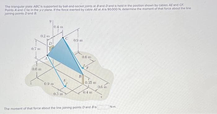 The triangular plate ABC is supported by ball-and-socket joints at B and Dand is held in the position shown by cables AE and CF.
Points A and Clie in the yz plane. If the force exerted by cable AE at A is 90.000 N, determine the moment of that force about the line
joining points D and B.
0.4 m
0.2 m
0.9 m
0,7 m
0,6 m
0.6 m
B
0.35 m
0.9 m
0,6 im
0.4 m
0.3 m
N-m.
The moment of that force about the line joining points Dand Bis
