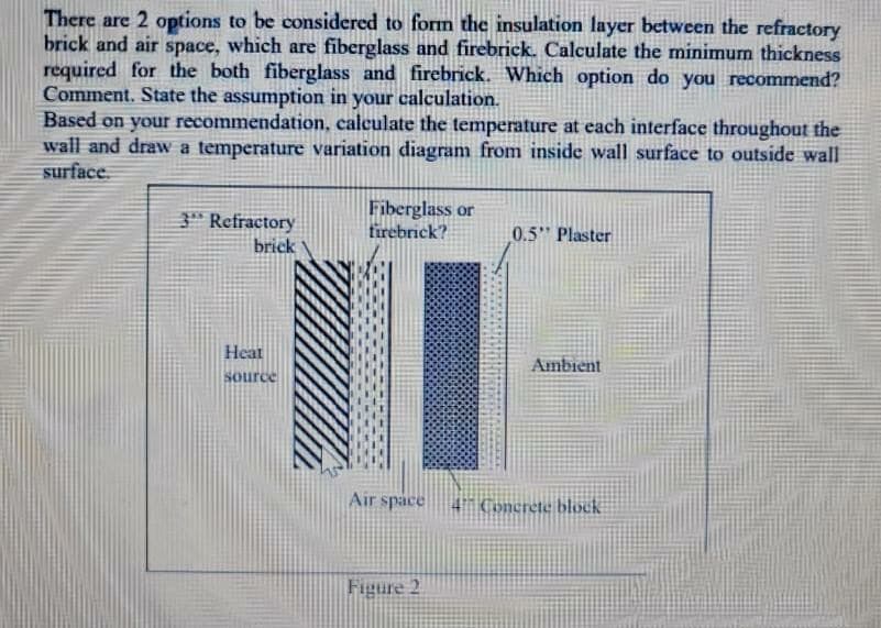 There are 2 options to be considered to form the insulation layer between the refractory
brick and air space, which are fiberglass and firebrick. Calculate the minimum thickness
required for the both fiberglass and firebrick. Which option do you recommend?
Comment. State the assumption in your calculation.
Based on your recommendation, calculate the temperature at each interface throughout the
wall and draw a temperature variation diagram from inside wall surface to outside wall
surface.
* Refractory
brick
Fiberglass or
firebrick?
0.5" Plaster
Heat
Ambient
source
Air spáce
4 Concrete block
Figure 2
