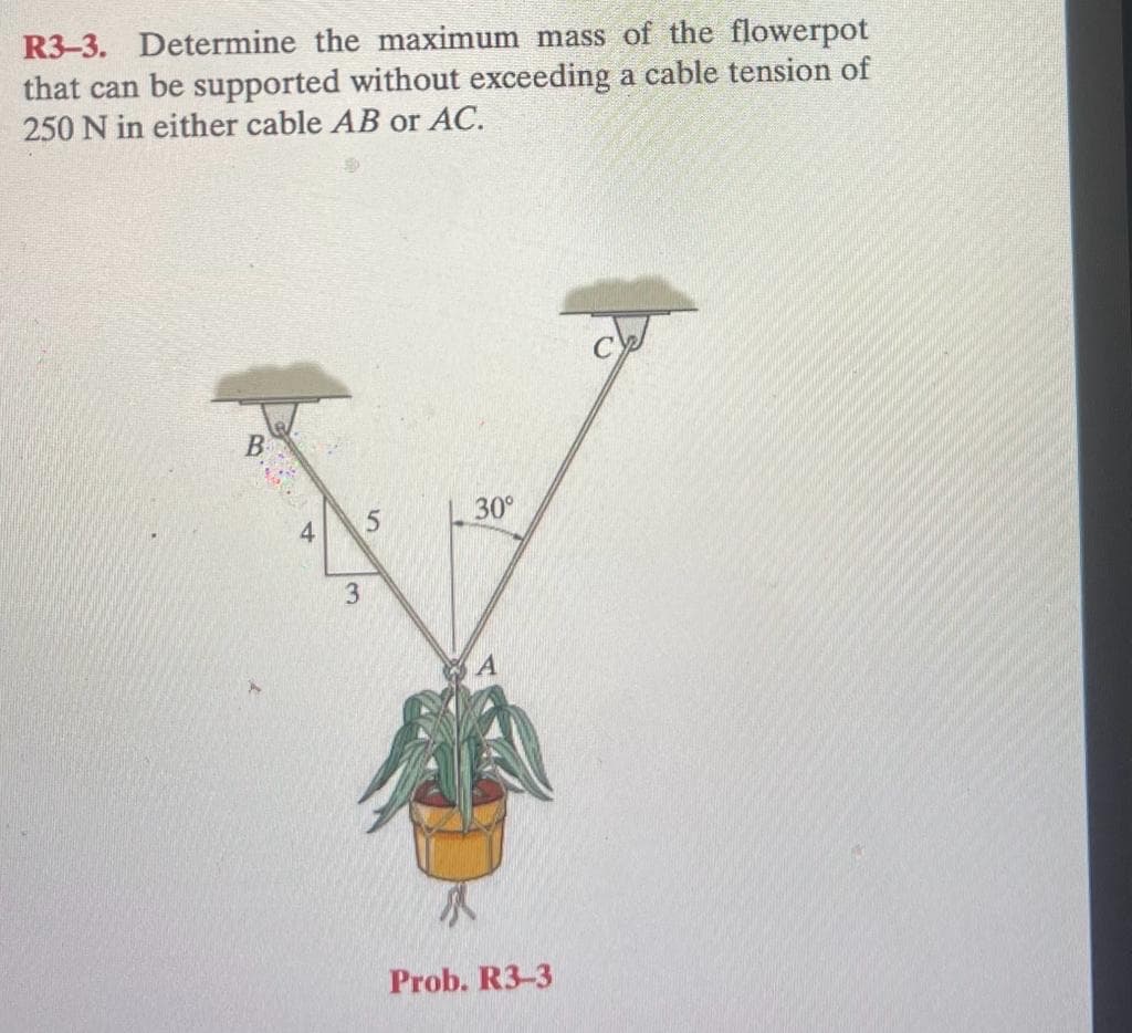 R3-3. Determine the maximum mass of the flowerpot
that can be supported without exceeding a cable tension of
250 N in either cable AB or AC.
4
3
5
30°
A
Prob. R3-3