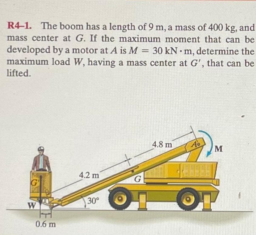 R4-1. The boom has a length of 9 m, a mass of 400 kg, and
mass center at G. If the maximum moment that can be
developed by a motor at A is M = 30 kN m, determine the
maximum load W, having a mass center at G', that can be
lifted.
G
W
0.6 m
4.2 m
30°
G
4.8 m
A
M