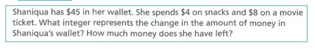 Shaniqua has $45 in her wallet. She spends $4 on snacks and $8 on a movie
ticket. What integer represents the change in the amount of money in
Shaniqua's wallet? How much money does she have left?
