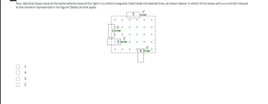 Four identical loops move at the same velocity toward the right in a uniform magnetic field inside the dashed lines, as shown above. In which of the loops will a current be induced
at the moment represented in the figure? Select all that apply.
x 2
4
3
0000
