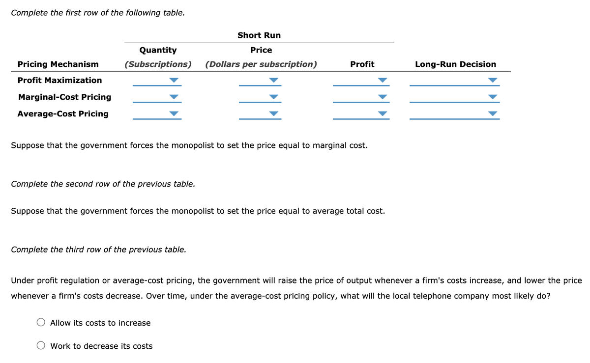 Complete the first row of the following table.
Short Run
Quantity
Price
Pricing Mechanism
(Subscriptions)
(Dollars per subscription)
Profit
Long-Run Decision
Profit Maximization
Marginal-Cost Pricing
Average-Cost Pricing
Suppose that the government forces the monopolist to set the price equal to marginal cost.
Complete the second row of the previous table.
Suppose that the government forces the monopolist to set the price equal to average total cost.
Complete the third row of the previous table.
Under profit regulation or average-cost pricing, the government will raise the price of output whenever a firm's costs increase, and lower the price
whenever a firm's costs decrease. Over time, under the average-cost pricing policy, what will the local telephone company most likely do?
Allow its costs to increase
Work to decrease its costs
