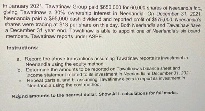 In January 2021, Tawatinaw Group paid $650,000 for 60,000 shares of Neerlandia Inc.,
giving Tawatinaw a 30% ownership interest in Neerlandia. On December 31, 2021,
Neerlandia paid a $95,000 cash dividend and reported profit of $575,000. Neerlandia's
shares were trading at $13 per share on this day. Both Neerlandia and Tawatinaw have
a December 31 year end. Tawatinaw is able to appoint one of Neerlandia's six board
members. Tawatinaw reports under ASPE.
Instructions:
a. Record the above transactions assuming Tawatinaw reports its investment in
Neerlandia using the equity method.
b. Determine the amounts to be reported on Tawatinaw's balance sheet and
income statement related to its investment in Neerlandia at December 31, 2021.
C. Repeat parts a. and b. assuming Tawatinaw elects to report its investment in
Neerlandia using the cost method.
Round amounts to the nearest dollar. Show ALL calculations for full marks.
