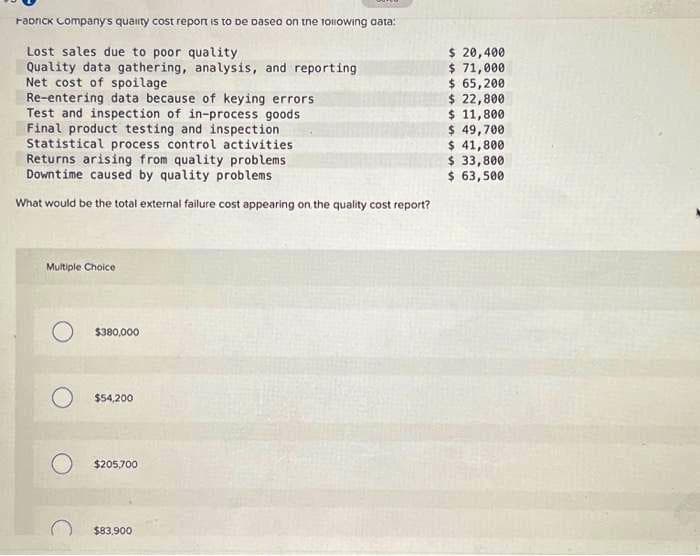 Fabrick Company's quality cost report is to be based on the following data:
Lost sales due to poor quality
Quality data gathering, analysis, and reporting
Net cost of spoilage
Re-entering data because of keying errors
Test and inspection of in-process goods
Final product testing and inspection
Statistical process control activities
Returns arising from quality problems
Downtime caused by quality problems
What would be the total external failure cost appearing on the quality cost report?
Multiple Choice
O $380,000
$54,200
$205,700
$83,900
$ 20,400
$ 71,000
$ 65,200
$ 22,800
$ 11,800
$ 49,700
$ 41,800
$ 33,800
$ 63,500