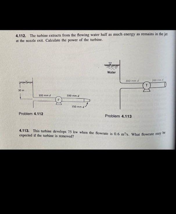 4.112. The turbine extracts from the flowing water half as much energy as remains in the jet
at the nozzle exit. Calculate the power of the turbine.
Water
300 mm d
300 mn d
30 m
300 mm d
300 mm d
150 mm d
Problem 4.112
Problem 4.113
4.113. This turbine develops 75 kw when the flowrate is 0.6 m/s, what flowrate may e
expected if the turbine is removed?
