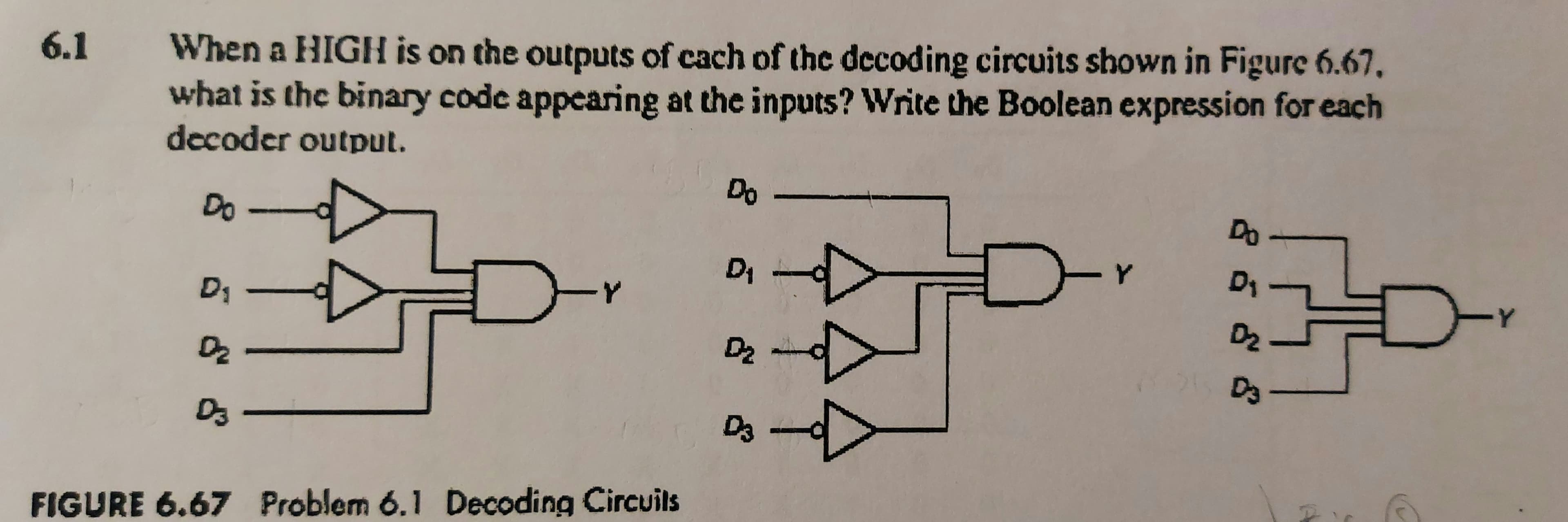 6.1
When a HIGH is on the outputs of cach of the decoding circuits shown in Figure 6.67.
what is the binary code appearing at the inputs? Write the Boolean expression for each
decoder output.
Do
Do
Do
Y.
Y
-Y
D2
D3 -
FIGURE 6.67 Problem 6.1 Decoding Circuils
