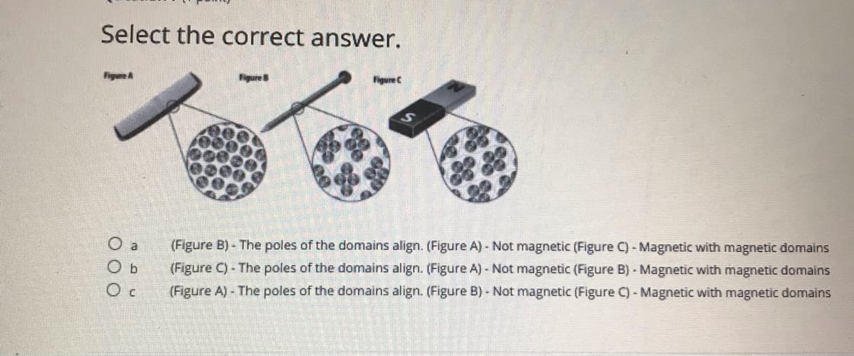 Select the correct answer.
Figure A
Figures
Figure C
8 88
O a
O b
(Figure B)- The poles of the domains align. (Figure A) - Not magnetic (Figure C) - Magnetic with magnetic domains
(Figure C) - The poles of the domains align. (Figure A) - Not magnetic (Figure B) - Magnetic with magnetic domains
(Figure A)- The poles of the domains align. (Figure B) - Not magnetic (Figure C)- Magnetic with magnetic domains
