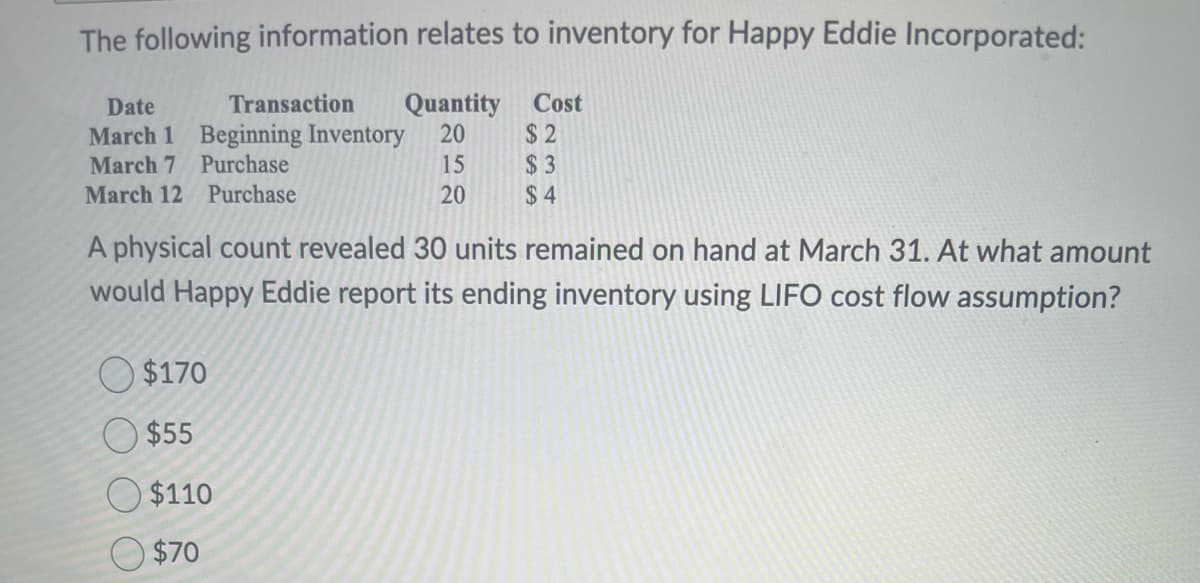 The following information relates to inventory for Happy Eddie Incorporated:
Date
Transaction Quantity Cost
March 1 Beginning Inventory 20
March 7 Purchase
15
March 12 Purchase
20
$2
$3
$4
A physical count revealed 30 units remained on hand at March 31. At what amount
would Happy Eddie report its ending inventory using LIFO cost flow assumption?
$170
$55
$110
$70