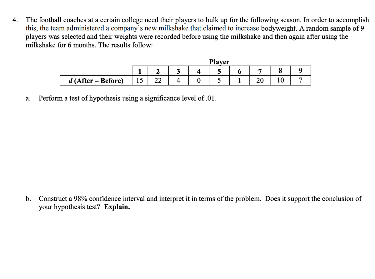 4.
The football coaches at a certain college need their players to bulk up for the following season. In order to accomplish
this, the team administered a company's new milkshake that claimed to increase bodyweight. A random sample of 9
players was selected and their weights were recorded before using the milkshake and then again after using the
milkshake for 6 months. The results follow:
1
d (After - Before) 15
a. Perform a test of hypothesis using a significance level of .01.
2
22
3
4
Player
5
5
4
0
6
1
7
8
9
20 10 7
b. Construct a 98% confidence interval and interpret it in terms of the problem. Does it support the conclusion of
your hypothesis test? Explain.