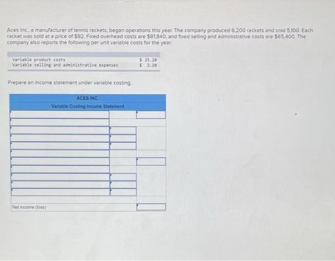Aces inc, a manufacturer of tennis rackets, began operations this year. The company produced 6,200 rackets and sold 5,100. Each
racket was sold at a price of $92. Fixed overhead costs are $81,840, and fixed selling and administrative costs are $65,400. The
company also reports the following per unit variable costs for the year:
Variable product costs
Variable selling and administrative expenses
$ 25.20
$ 2.20
Prepare an income statement under varlable costing.
ACES INC.
Variable Costing Income Statement
Net income (loss)
