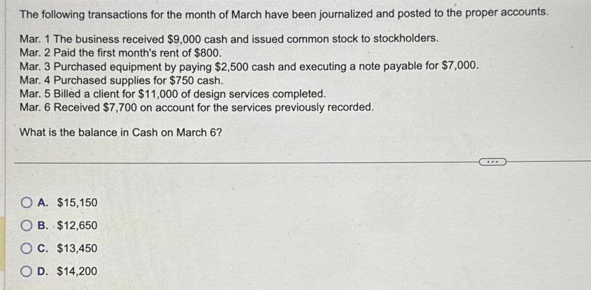 The following transactions for the month of March have been journalized and posted to the proper accounts.
Mar. 1 The business received $9,000 cash and issued common stock to stockholders.
Mar. 2 Paid the first month's rent of $800.
Mar. 3 Purchased equipment by paying $2,500 cash and executing a note payable for $7,000.
Mar. 4 Purchased supplies for $750 cash.
Mar. 5 Billed a client for $11,000 of design services completed.
Mar. 6 Received $7,700 on account for the services previously recorded.
What is the balance in Cash on March 6?
OA. $15,150
OB. $12,650
OC. $13,450
OD. $14,200