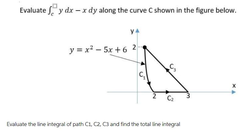 Evaluate y dx - x dy along the curve C shown in the figure below.
y 4
y = x? – 5x + 6 2
C3
C2
Evaluate the line integral of path C1, C2, C3 and find the total line integral
