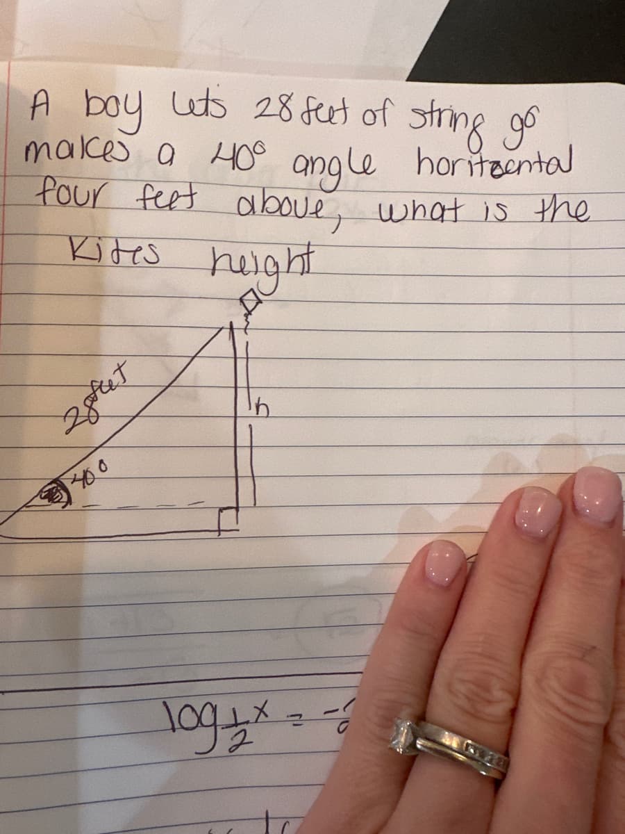 A boy lets 28 feet of string go
makes a 40° angle horitzontal
four feet above, what is the
Kites
height
400
Inst
16
log1 x = -2
to