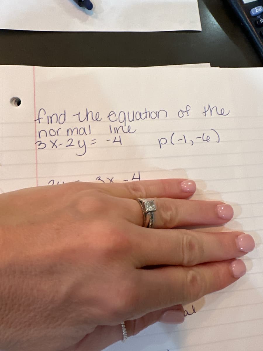 find the equation of the
normal line
3x-2y = - 4
p(-1,-4)
3X -4
139332
al
.
2nd
LO