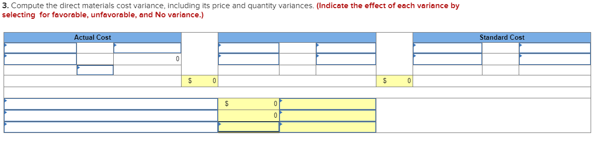 3. Compute the direct materials cost variance, including its price and quantity variances. (Indicate the effect of each variance by
selecting for favorable, unfavorable, and No variance.)
Standard Cost
Actual Cost
0
$
0
$
0
