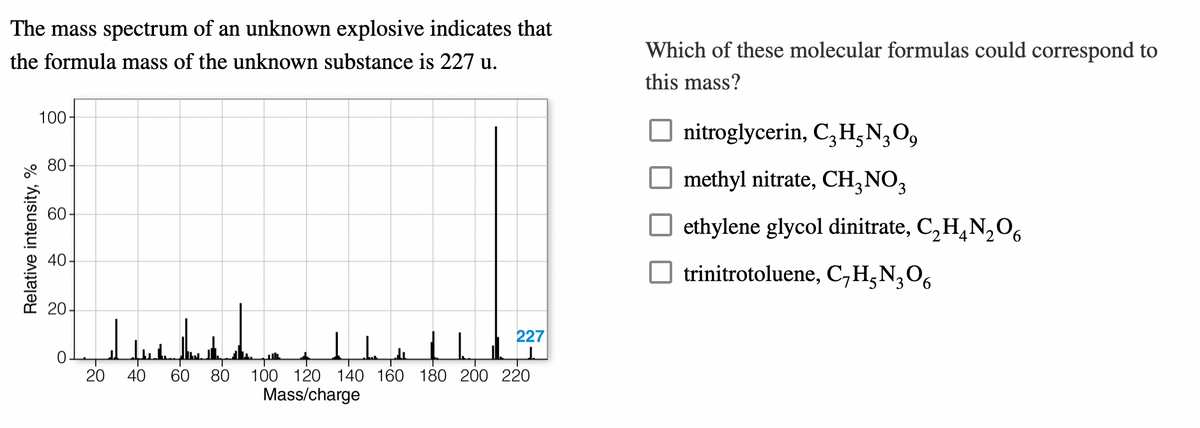 The mass spectrum of an unknown explosive indicates that
the formula mass of the unknown substance is 227 u.
Relative intensity,%
100-
80
60
40-
20-
0
227
Juck the p
20
40
60 80 100 120 140 160 180 200 220
Mass/charge
Which of these molecular formulas could correspond to
this mass?
nitroglycerin, C₂H₂N₂O,
methyl nitrate, CH₂NO3
ethylene glycol dinitrate, C₂H₂N₂O6
trinitrotoluene, C₂H₂N₂O6