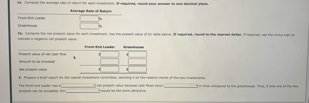 1a. Compute the average rate of return for each investment. If required, round your answer to one decimal place.
Average Rate of Return
Front-End Loader
Greenhouse
Present value of net cash flow
%
1b. Compute the net present value for each investment. Use the present value of $1 table above. If required, round to the nearest dollar. If required, use the minus sign to
indicate a negative net present value.
Amount to be invested
%
Front-End Loader
Greenhouse
Net present value
2. Prepare a brief report for the capital investment committee, advising it on the relative merits of the two investments.
The front-end loader has a
net present value because cash flows occur
projects can be accepted, the
would be the more attractive.
in time compared to the greenhouse. Thus, if only one of the two