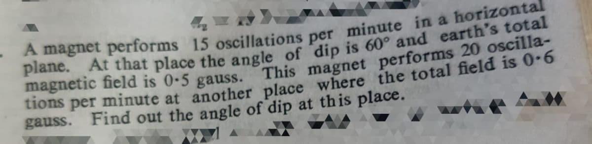 A magnet performs 15 oscillations per minute in a horizontal
plane. At that place the angle of dip is 60° and earth's total
magnetic field is 0-5 gauss. This magnet performs 20 oscilla-
tions per minute at another place where the total field is 0.6
gauss. Find out the angle of dip at this place.