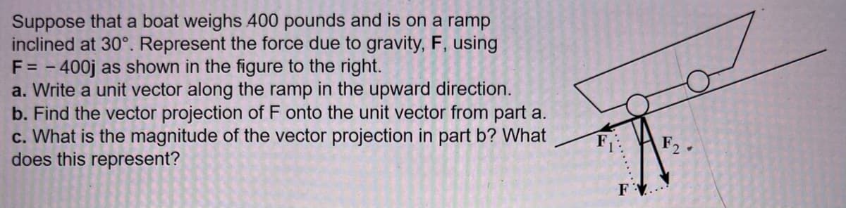 Suppose that a boat weighs 400 pounds and is on a ramp
inclined at 30°. Represent the force due to gravity, F, using
F = - 400j as shown in the figure to the right.
a. Write a unit vector along the ramp in the upward direction.
b. Find the vector projection of F onto the unit vector from part a.
c. What is the magnitude of the vector projection in part b? What
does this represent?
F
F₂.