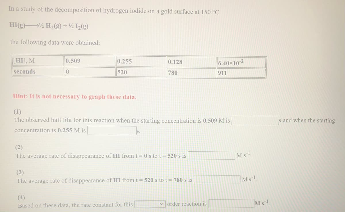 In a study of the decomposition of hydrogen iodide on a gold surface at 150 °C
HI(g) ½ H2(g) + ½ I½(g)
the following data were obtained:
[HI], M
0.509
0.255
0.128
6.40×10-2
seconds
520
780
911
Hint: It is not necessary to graph these data.
(1)
The observed half life for this reaction when the starting concentration is 0.509 M is
s and when the starting
concentration is 0.255 M is
(2)
The average rate of disappearance of HI from t= 0 s to t= 520 s is
Ms
(3)
The average rate of disappearance of HI from t= 520 s to t= 780 s is
Ms!
(4)
order reaction is
Ms1
Based on these data, the rate constant for this
