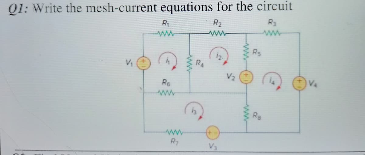 Q1: Write the mesh-current equations for the circuit
R3
R2
ww
R5
V1
R4
V2
R6
V4
Rg
ww
R7
V3
ww
ww
