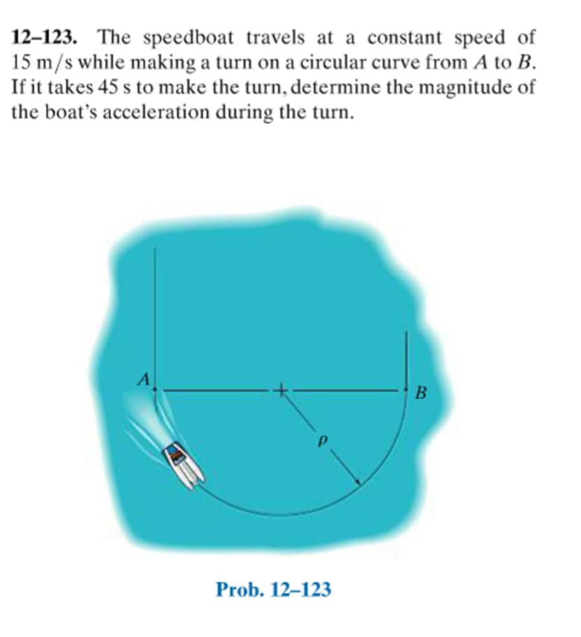 12–123. The speedboat travels at a constant speed of
15 m/s while making a turn on a circular curve from A to B.
If it takes 45 s to make the turn, determine the magnitude of
the boat's acceleration during the turn.
A
B
Prob. 12–123
