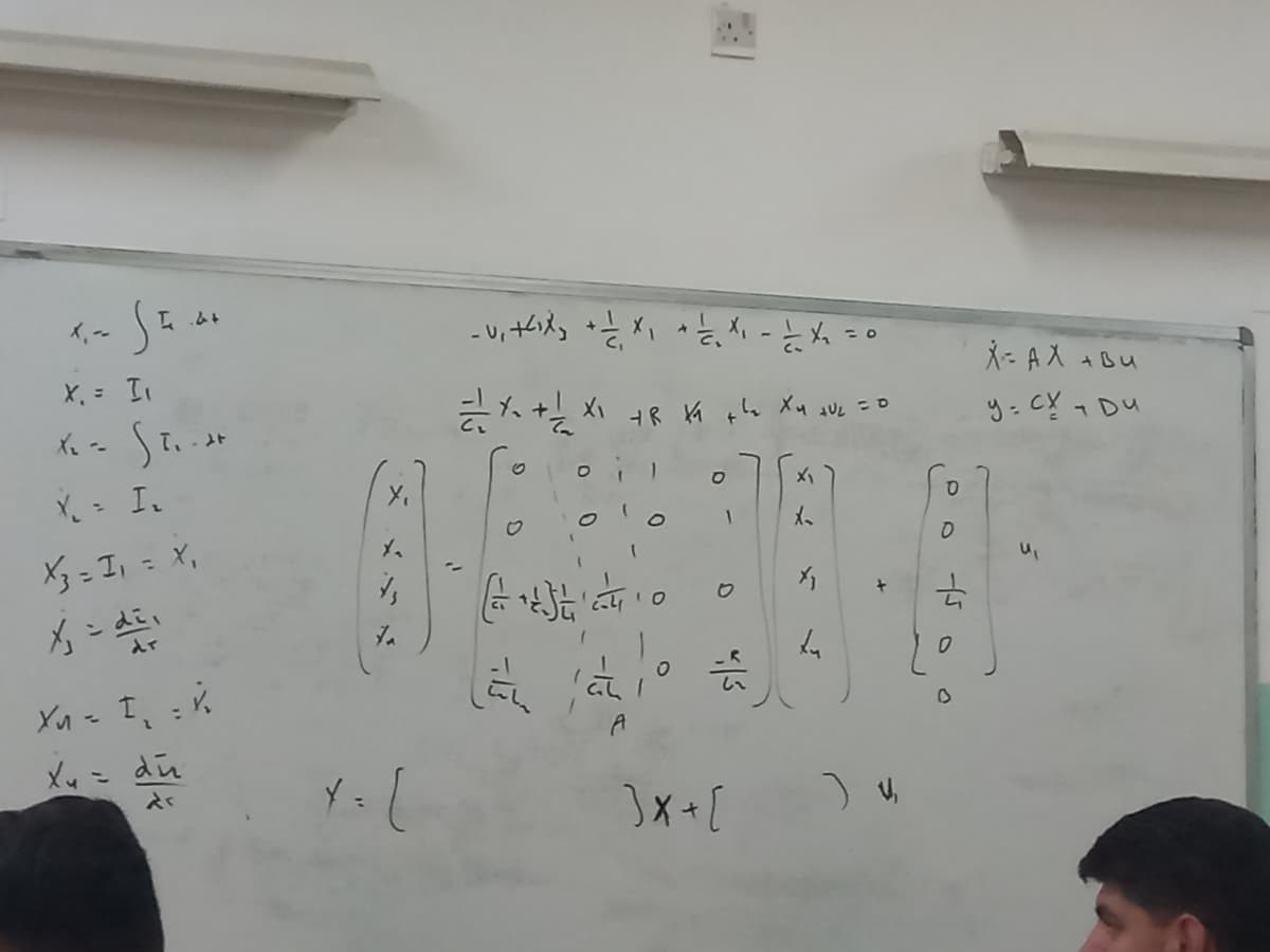 I 4+
X₁ = I₁
X-ST...
X₁ = I₂
X3 = I₁ = X₁
x₁ = d=₁
dr
X₁ = I₁ = X
X₁ = du
dr
****
- U₁ + (1x) + -/-/ X₁ + 1/2 X ₁ - 1/2 X ₂ = 0
=Yx + 1 X 1 x R xa the Xu sve =0
JUL
"
9
0
0
(0
lä jäk
O
1
4/3
3x + [
X₁
X₂
X₁
ku
Po
ऐ
X = AX + Bu
y= cx - Du