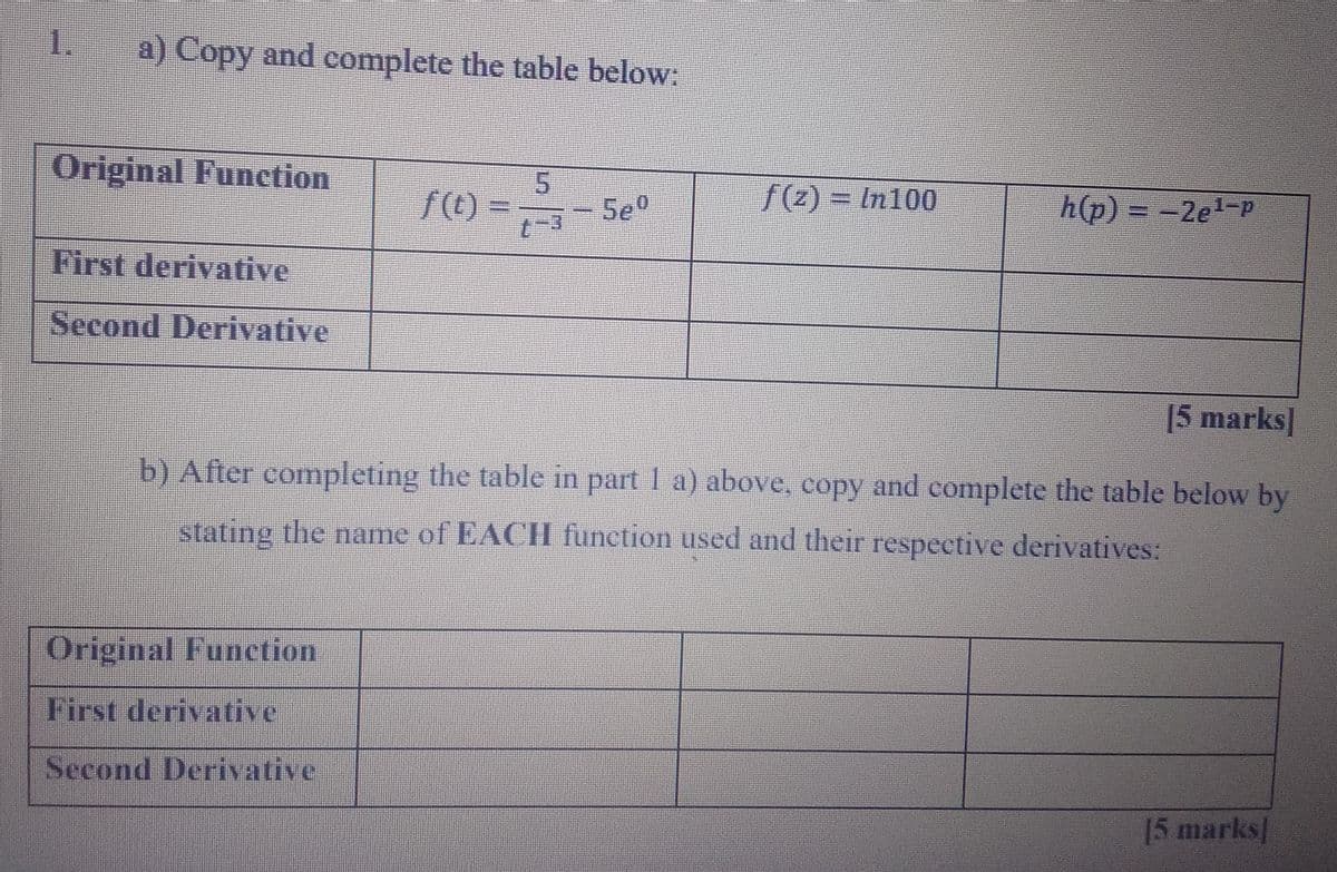 1.
a) Copy and complete the table below:
Original Function
First derivative
Second Derivative
f(t) =
Original Function
First derivative
Second Derivative
5
5e0
f(z) = In100
h(p) = -2e¹-p
[5 marks]
b) After completing the table in part 1 a) above, copy and complete the table below by
stating the name of EACH function used and their respective derivatives:
[5 marks]