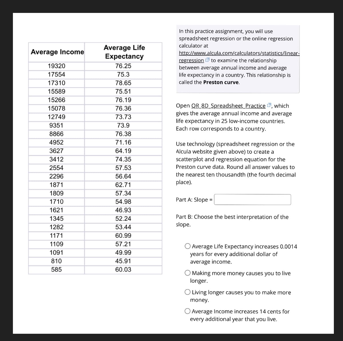 Average Income
19320
17554
17310
15589
15266
15078
12749
9351
8866
4952
3627
3412
2554
2296
1871
1809
1710
1621
1345
1282
1171
1109
1091
810
585
Average Life
Expectancy
76.25
75.3
78.65
75.51
76.19
76.36
73.73
73.9
76.38
71.16
64.19
74.35
57.53
56.64
62.71
57.34
54.98
46.93
52.24
53.44
60.99
57.21
49.99
45.91
60.03
In this practice assignment, you will use
spreadsheet regression or the online regression
calculator at
http://www.alcula.com/calculators/statistics/linear-
regression to examine the relationship
between average annual income and average
life expectancy in a country. This relationship is
called the Preston curve.
Open QR 8D Spreadsheet_Practice, which
gives the average annual income and average
life expectancy in 25 low-income countries.
Each row corresponds to a country.
Use technology (spreadsheet regression or the
Alcula website given above) to create a
scatterplot and regression equation for the
Preston curve data. Round all answer values to
the nearest ten thousandth (the fourth decimal
place).
Part A: Slope =
Part B: Choose the best interpretation of the
slope.
Average Life Expectancy increases 0.0014
years for every additional dollar of
average income.
O Making more money causes you to live
longer.
O Living longer causes you to make more
money.
O Average Income increases 14 cents for
every additional year that you live.