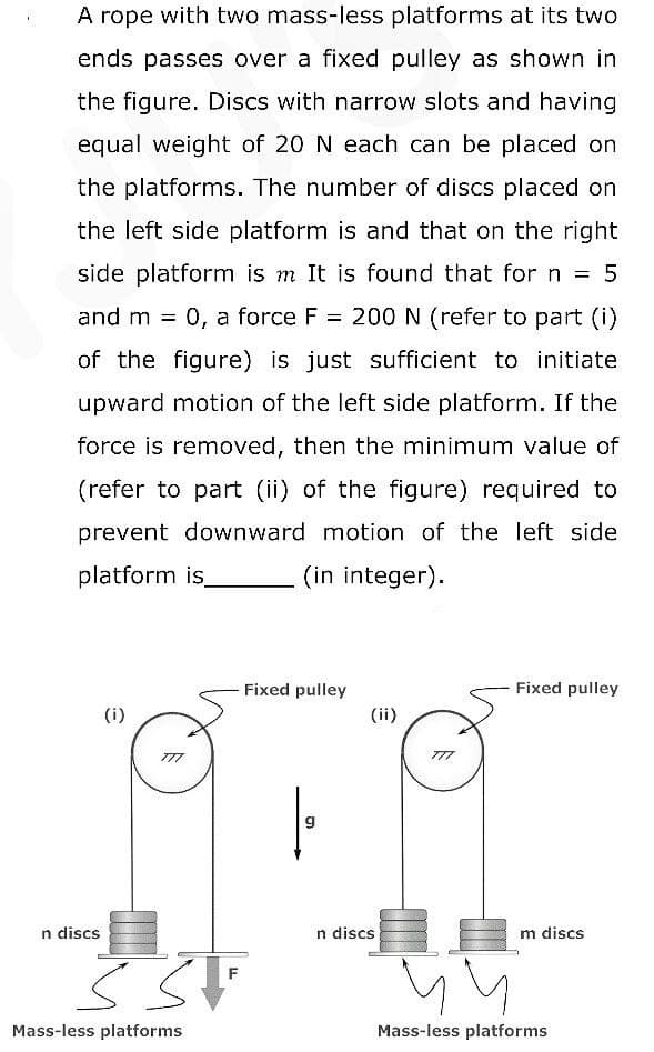 A rope with two mass-less platforms at its two
ends passes over a fixed pulley as shown in
the figure. Discs with narrow slots and having
equal weight of 20 N each can be placed on
the platforms. The number of discs placed on
the left side platform is and that on the right
side platform is m It is found that for n = 5
and m = 0, a force F= 200 N (refer to part (i)
of the figure) is just sufficient to initiate
upward motion of the left side platform. If the
force is removed, then the minimum value of
(refer to part (ii) of the figure) required to
prevent downward motion of the left side
platform is_
(in integer).
Fixed pulley
Fixed pulley
(i)
(ii)
m discs
n discs
Mass-less platforms
Śst
F
n discs
yn
Mass-less platforms