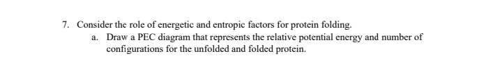 7. Consider the role of energetic and entropic factors for protein folding.
a. Draw a PEC diagram that represents the relative potential energy and number of
configurations for the unfolded and folded protein.
