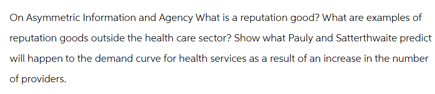 On Asymmetric Information and Agency What is a reputation good? What are examples of
reputation goods outside the health care sector? Show what Pauly and Satterthwaite predict
will happen to the demand curve for health services as a result of an increase in the number
of providers.