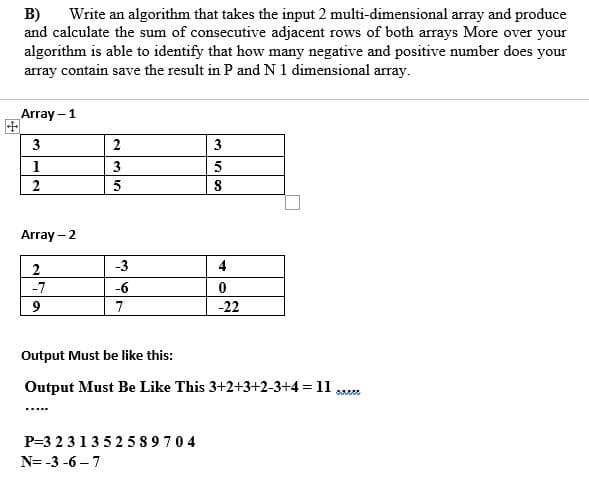 B)
and calculate the sum of consecutive adjacent rows of both arrays More over your
algorithm is able to identify that how many negative and positive number does your
array contain save the result in P and N 1 dimensional array.
Write an algorithm that takes the input 2 multi-dimensional array and produce
Array -1
3
2
3
1
3
2
Array - 2
-3
4
-7
-6
9
7
-22
Output Must be like this:
Output Must Be Like This 3+2+3+2-3+4 = 11
P=3 231352 589704
N= -3 -6 – 7
