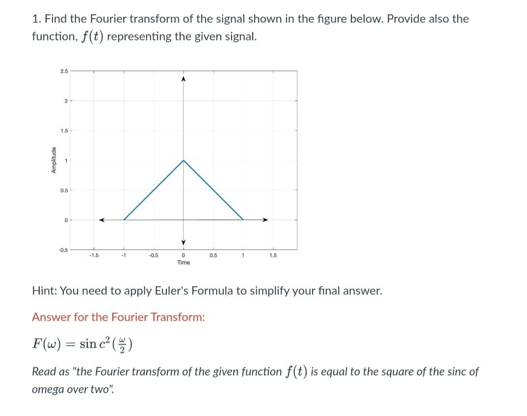 1. Find the Fourier transform of the signal shown in the figure below. Provide also the
function, f(t) representing the given signal.
2.5
2
1.5
0.5
-0.5
-1.5
-1
-0.5
0.5
1.5
Time
Hint: You need to apply Euler's Formula to simplify your final answer.
Answer for the Fourier Transform:
F(w) = sin c² ()
Read as "the Fourier transform of the given function f(t) is equal to the square of the sinc of
omega over two".
epnujduy
