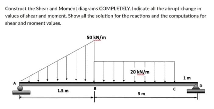 Construct the Shear and Moment diagrams COMPLETELY. Indicate all the abrupt change in
values of shear and moment. Show all the solution for the reactions and the computations for
shear and moment values.
50 kN/m
20 kN/m
1m
1.5 m
5m
