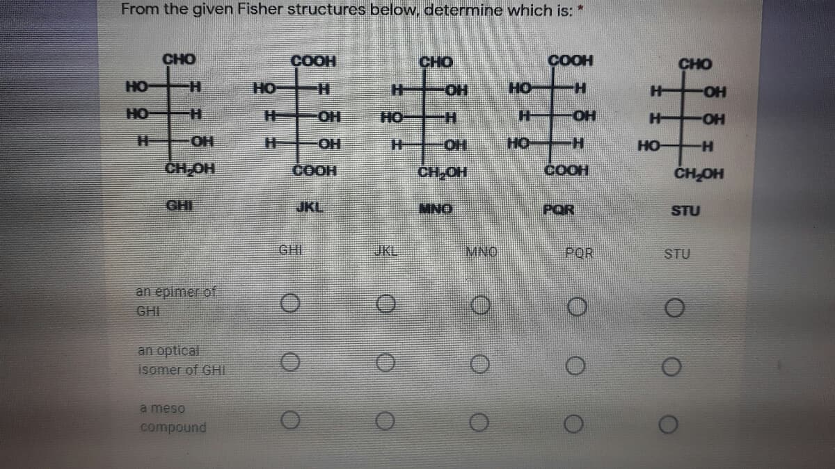 From the given Fisher structures below, determine which is: *
CHO
ÇOOH
CHO
COOH
CHO
HO
HO
HO.
HO-H
OH
HO
HO.
HO
H-
OH
H-
OH
H FOH
HO.
OH
HO
HO
CH,OH
COOH
CH,OH
COOH
ČH-OH
GHI
JKL
MNO
POR
STU
GHI
JKL
MNO
POR
STU
an epimer of
GHI
an optical
isomer of GHI
a meso
compound
