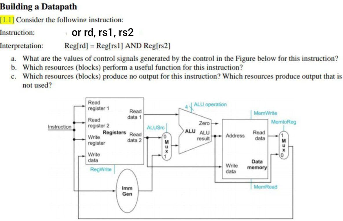 Building a Datapath
[1.1] Consider the following instruction:
Instruction:
Interpretation:
i or rd, rs1, rs2
Reg[rd] = Reg[rs1] AND Reg[rs2]
a. What are the values of control signals generated by the control in the Figure below for this instruction?
b. Which resources (blocks) perform a useful function for this instruction?
c. Which resources (blocks) produce no output for this instruction? Which resources produce output that is
not used?
Read
register 1
4ALU operation
Read
data 1
MemWrite
Read
register 2
Registers Read
MemtoReg
Zero
ALU ALU
result
Instruction
ALUSrc
Read
data
Write
Address
data 2
register
Write
data
Data
RegWrite
Write
data
memory
MemRead
Imm
Gen
