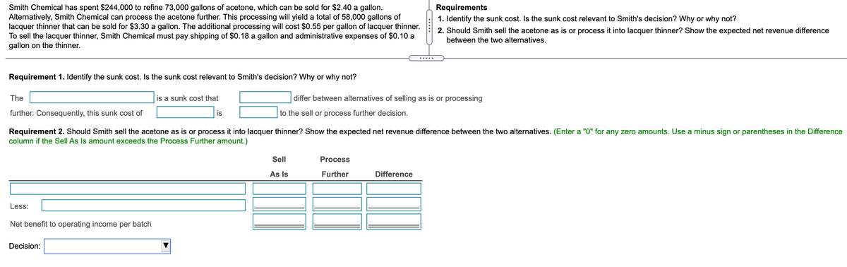 Smith Chemical has spent $244,000 to refine 73,000 gallons of acetone, which can be sold for $2.40 a gallon.
Alternatively, Smith Chemical can process the acetone further. This processing will yield a total of 58,000 gallons of
lacquer thinner that can be sold for $3.30 a gallon. The additional processing will cost $0.55 per gallon of lacquer thinner.
To sell the lacquer thinner, Smith Chemical must pay shipping of $0.18 a gallon and administrative expenses of $0.10 a
gallon on the thinner.
Requirements
1. Identify the sunk cost. Is the sunk cost relevant to Smith's decision? Why or why not?
2. Should Smith sell the acetone as is or process it into lacquer thinner? Show the expected net revenue difference
between the two alternatives.
.....
Requirement 1. Identify the sunk cost. Is the sunk cost relevant to Smith's decision? Why or why not?
The
is a sunk cost that
differ between alternatives of selling as is or processing
further. Consequently, this sunk cost of
is
to the sell or process further decision.
Requirement 2. Should Smith sell the acetone as is or process it into lacquer thinner? Show the expected net revenue difference between the two alternatives. (Enter a "0" for any zero amounts. Use a minus sign or parentheses in the Difference
column if the Sell As Is amount exceeds the Process Further amount.)
Sell
Process
As Is
Further
Difference
Less:
Net benefit to operating income per batch
Decision:
