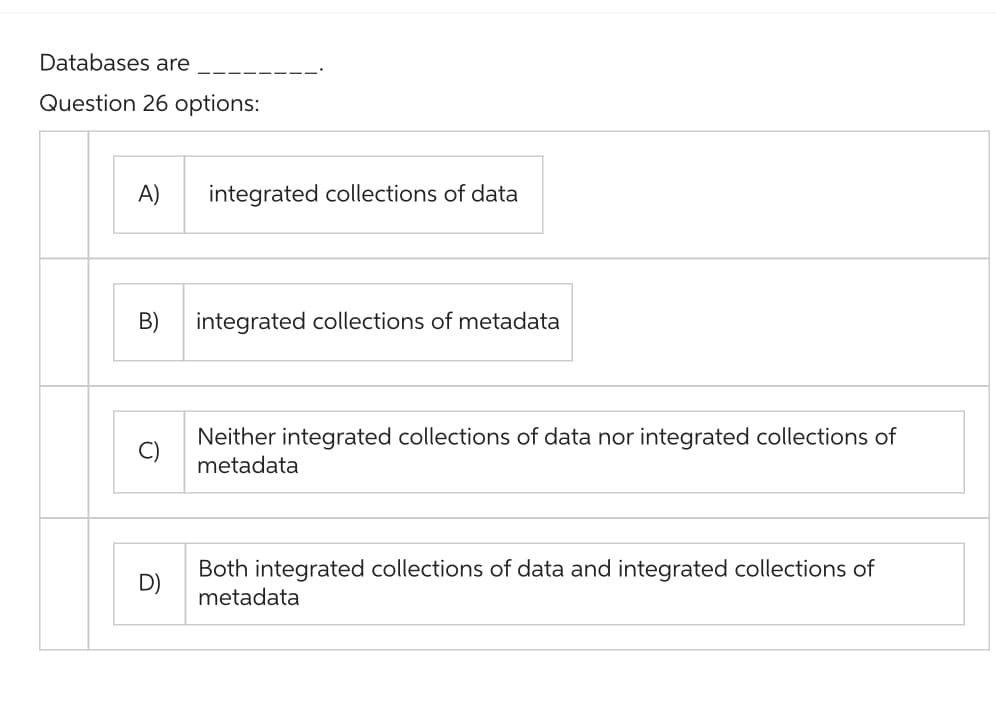 Databases are
Question 26 options:
A)
B)
D)
integrated collections of data
integrated collections of metadata
Neither integrated collections of data nor integrated collections of
metadata
Both integrated collections of data and integrated collections of
metadata