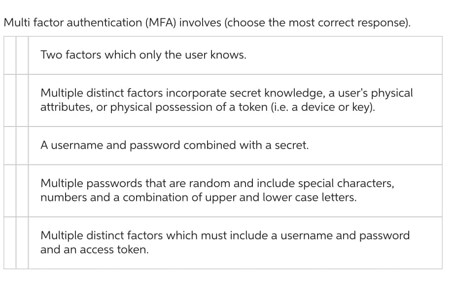 Multi factor authentication (MFA) involves (choose the most correct response).
Two factors which only the user knows.
Multiple distinct factors incorporate secret knowledge, a user's physical
attributes, or physical possession of a token (i.e. a device or key).
A username and password combined with a secret.
Multiple passwords that are random and include special characters,
numbers and a combination of upper and lower case letters.
Multiple distinct factors which must include a username and password
and an access token.