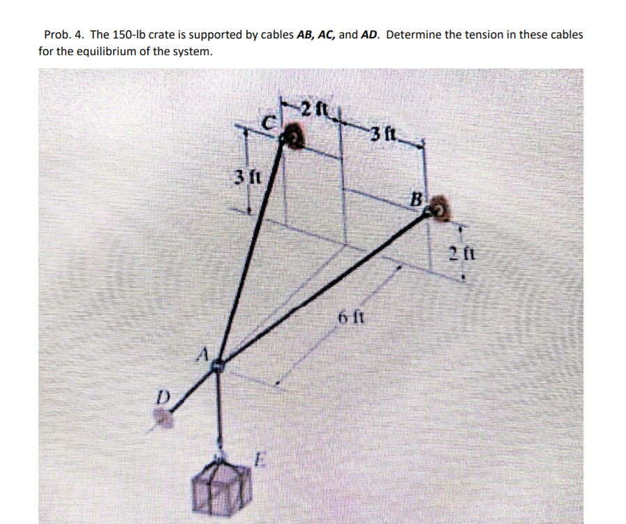 Prob. 4. The 150-lb crate is supported by cables AB, AC, and AD. Determine the tension in these cables
for the equilibrium of the system.
2fu
3 ft.
3ft
B
6 ft
D
