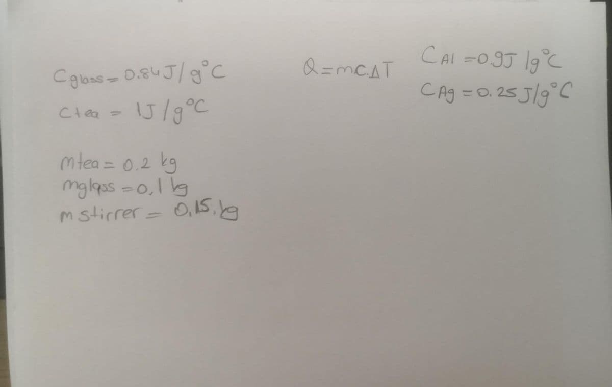 Q=MCAT
%3D
Coloes = 0.84 J/g°c
CAg
= 0. 25 J/g°C
°C
Ctea
mtea = 0.2 kg
mglass -0,1g
mstirrer=
