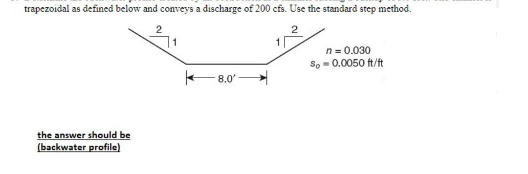 trapezoidal as defined below and conveys a discharge of 200 cfs. Use the standard step method.
1
n = 0.030
So = 0.0050 ft/ft
8.0'
the answer should be
(backwater profile)
